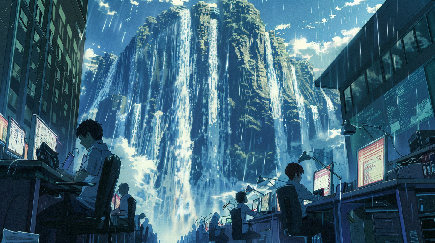 A majestic waterfall drowning out an army of software engineers