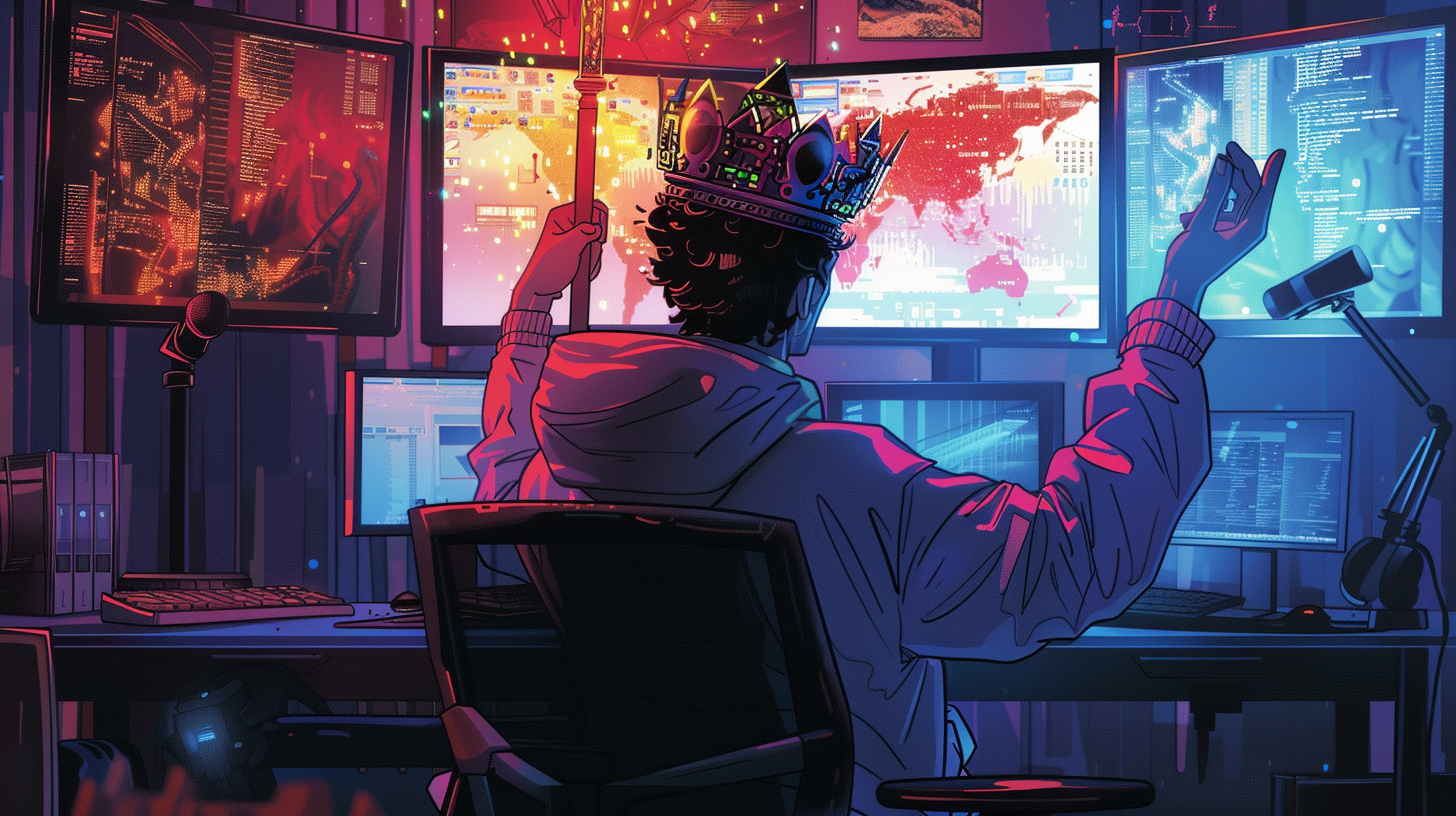 A software engineer wearing a crown and holding a scepter, addressing their loyal subjects: monitors, keyboards, and code.